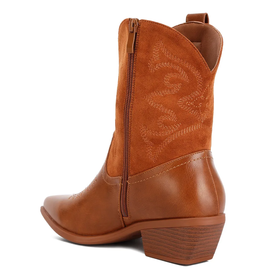 Patchwork Detail Low Heel Cowboy Boots In Tan