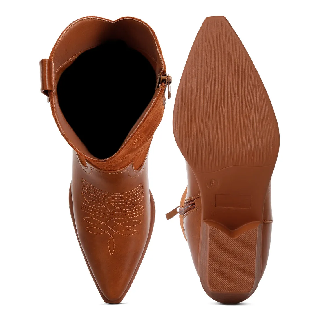 Patchwork Detail Low Heel Cowboy Boots In Tan