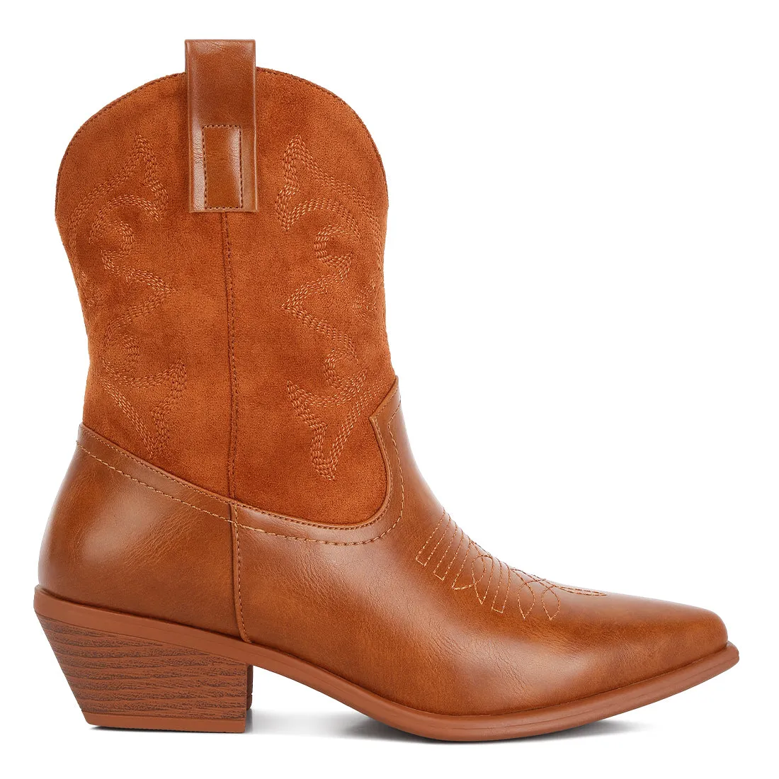 Patchwork Detail Low Heel Cowboy Boots In Tan