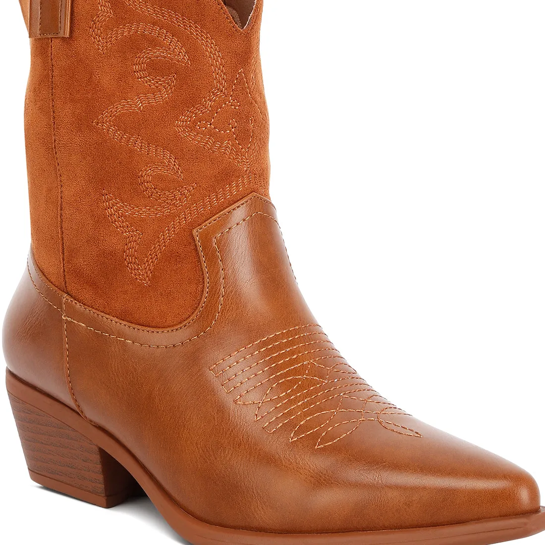 Patchwork Detail Low Heel Cowboy Boots In Tan