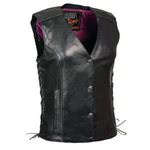 PINK MLL4505 Women's Black Leather Side Lace Motorcycle Rider Vest- Reflective and Studded Pink Wings