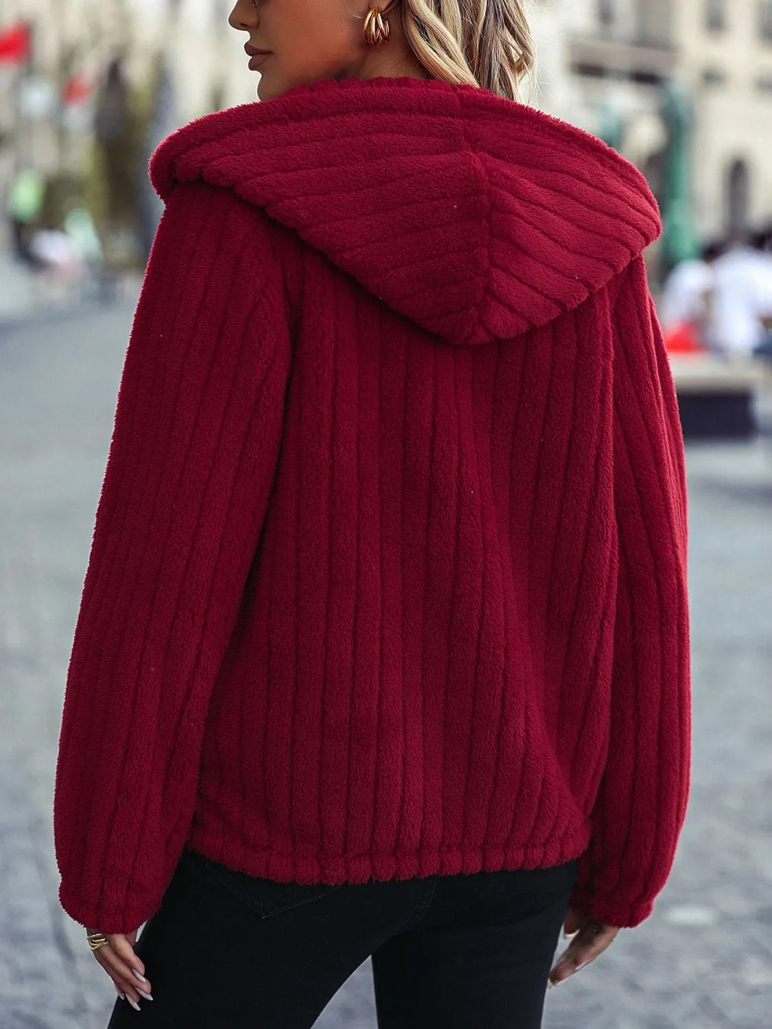 Red Wine Zip-Up Hooded Sweater Jacket w/ Pockets