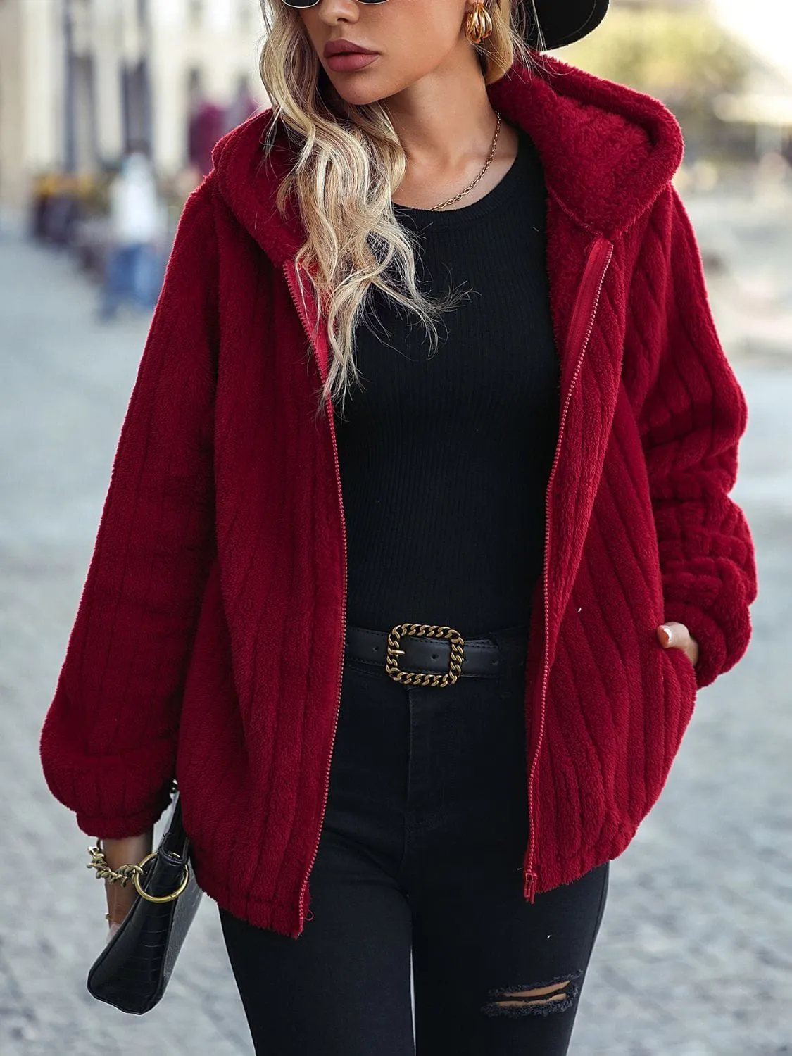 Red Wine Zip-Up Hooded Sweater Jacket w/ Pockets