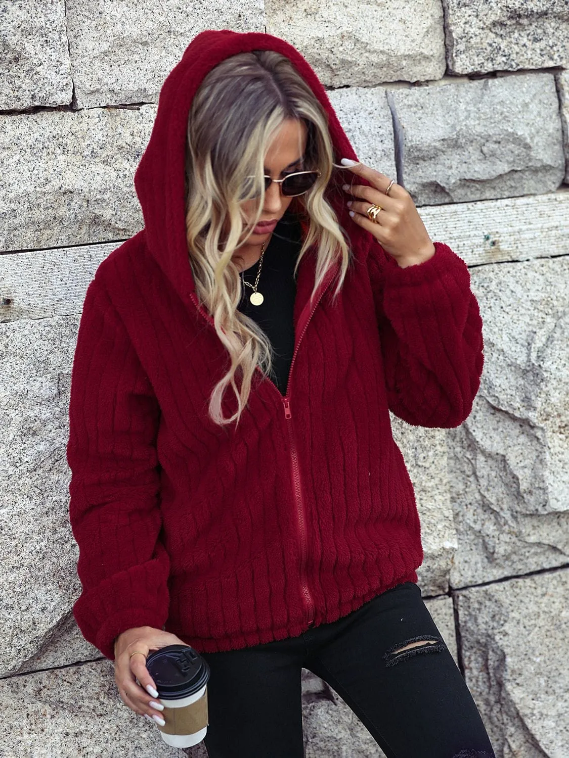 Red Wine Zip-Up Hooded Sweater Jacket w/ Pockets