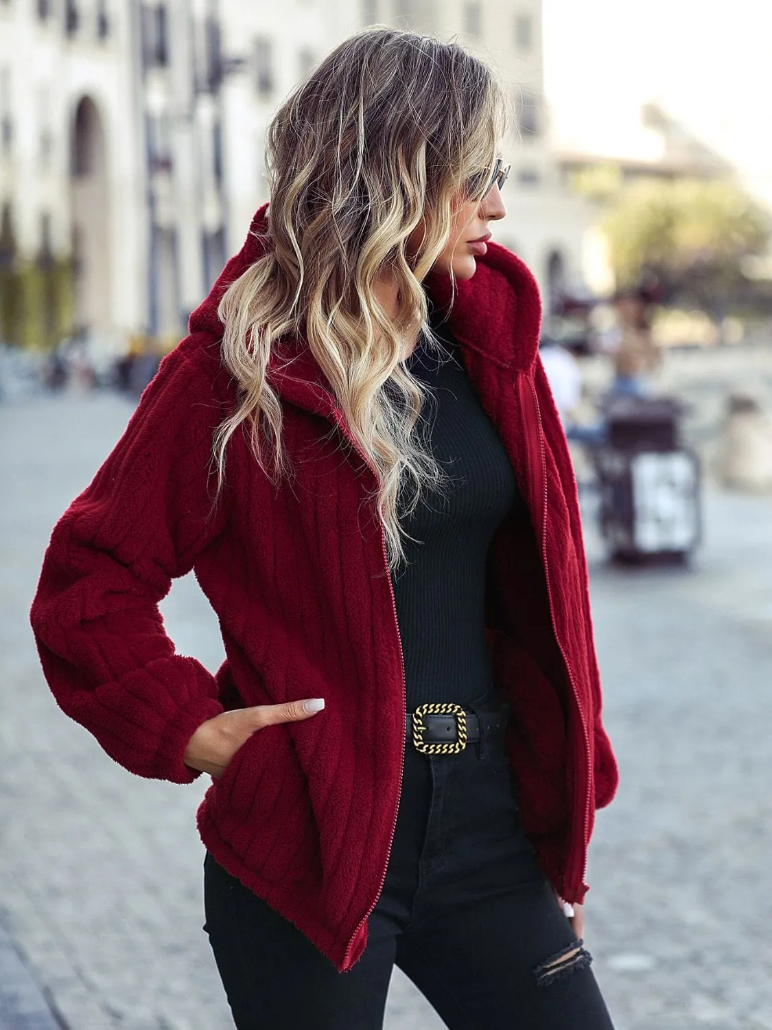 Red Wine Zip-Up Hooded Sweater Jacket w/ Pockets