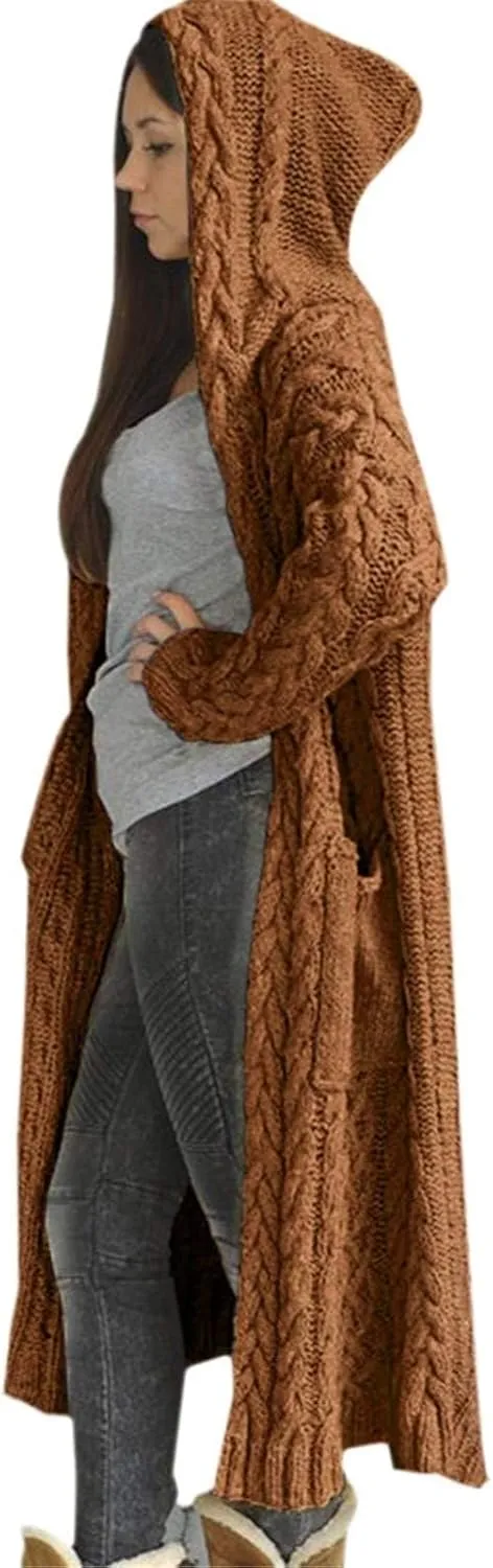 SACFOF Women's Long Sleeve Cable Knit Cardigan Sweaters 2023 Open Front Long Cardigans Coats Hoodies Outerwear with Pockets