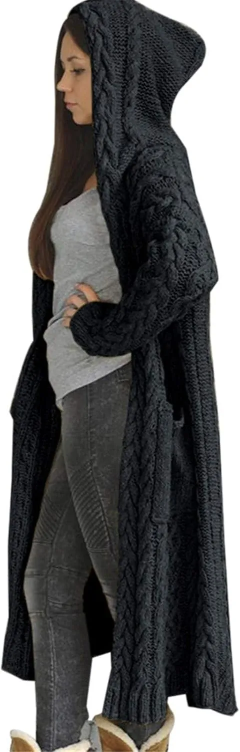 SACFOF Women's Long Sleeve Cable Knit Cardigan Sweaters 2023 Open Front Long Cardigans Coats Hoodies Outerwear with Pockets
