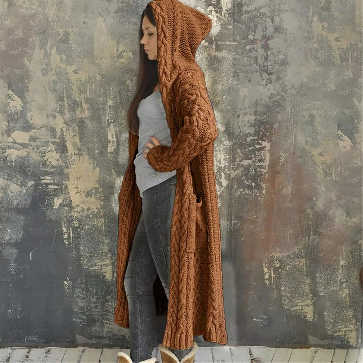 SACFOF Women's Long Sleeve Cable Knit Cardigan Sweaters 2023 Open Front Long Cardigans Coats Hoodies Outerwear with Pockets