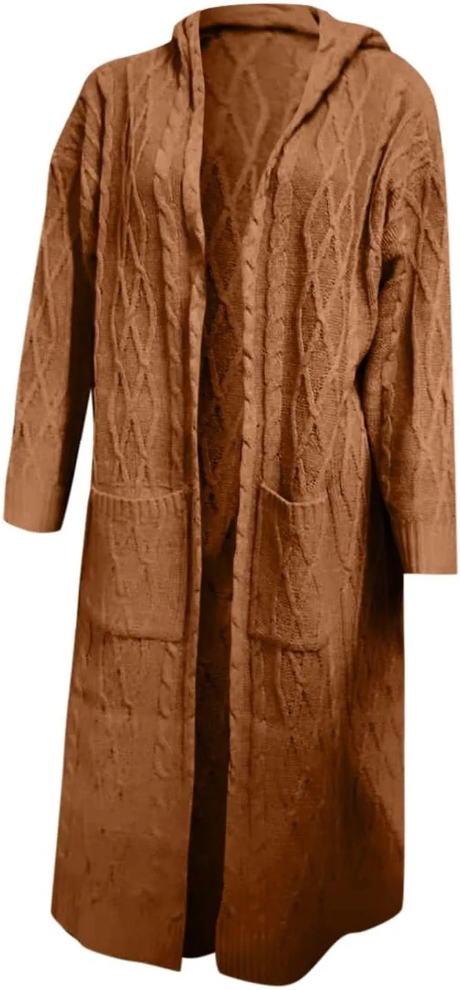 SACFOF Women's Long Sleeve Cable Knit Cardigan Sweaters 2023 Open Front Long Cardigans Coats Hoodies Outerwear with Pockets