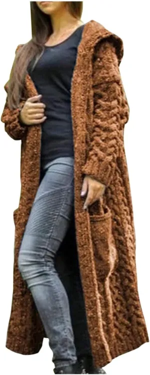 SACFOF Women's Long Sleeve Cable Knit Cardigan Sweaters 2023 Open Front Long Cardigans Coats Hoodies Outerwear with Pockets