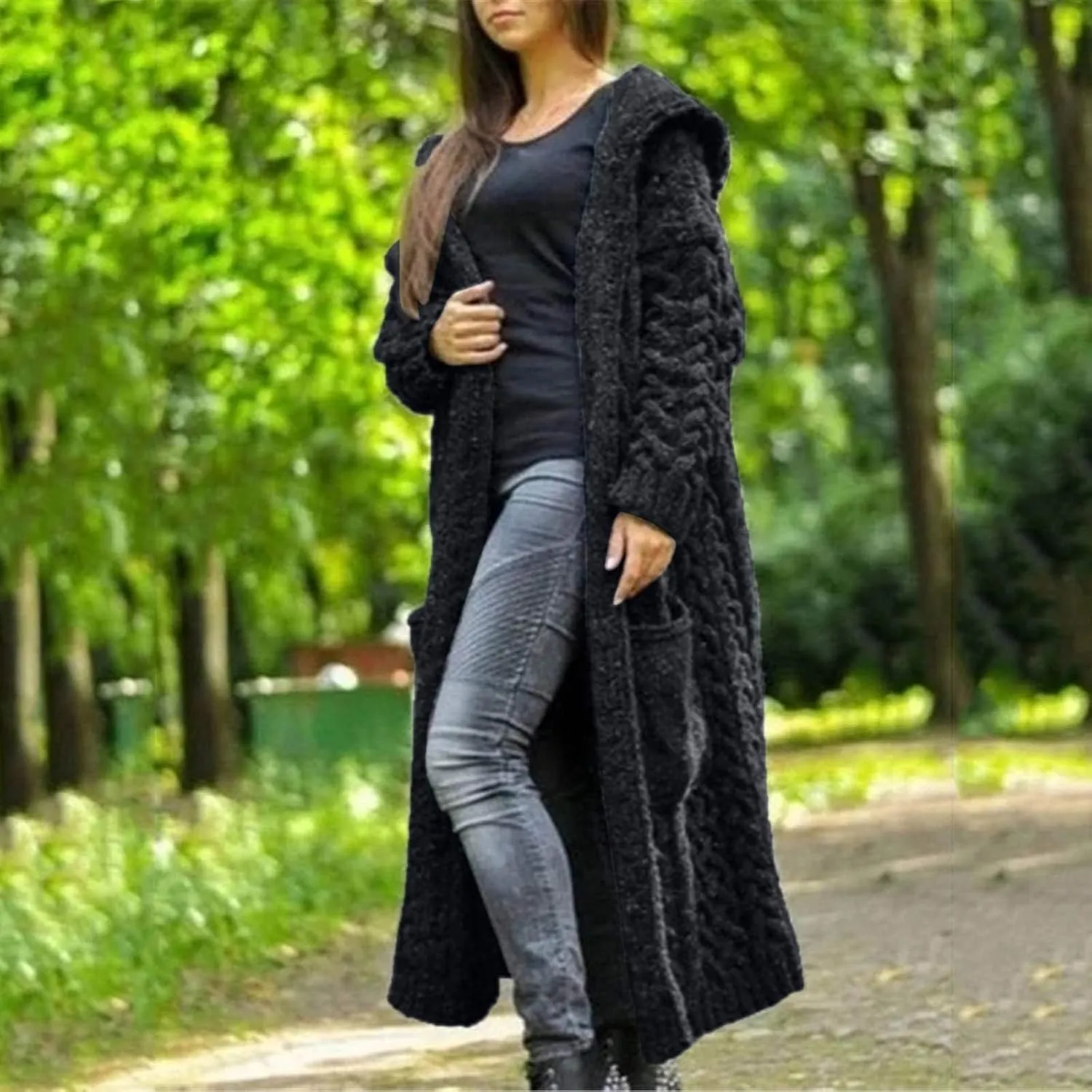 SACFOF Women's Long Sleeve Cable Knit Cardigan Sweaters 2023 Open Front Long Cardigans Coats Hoodies Outerwear with Pockets