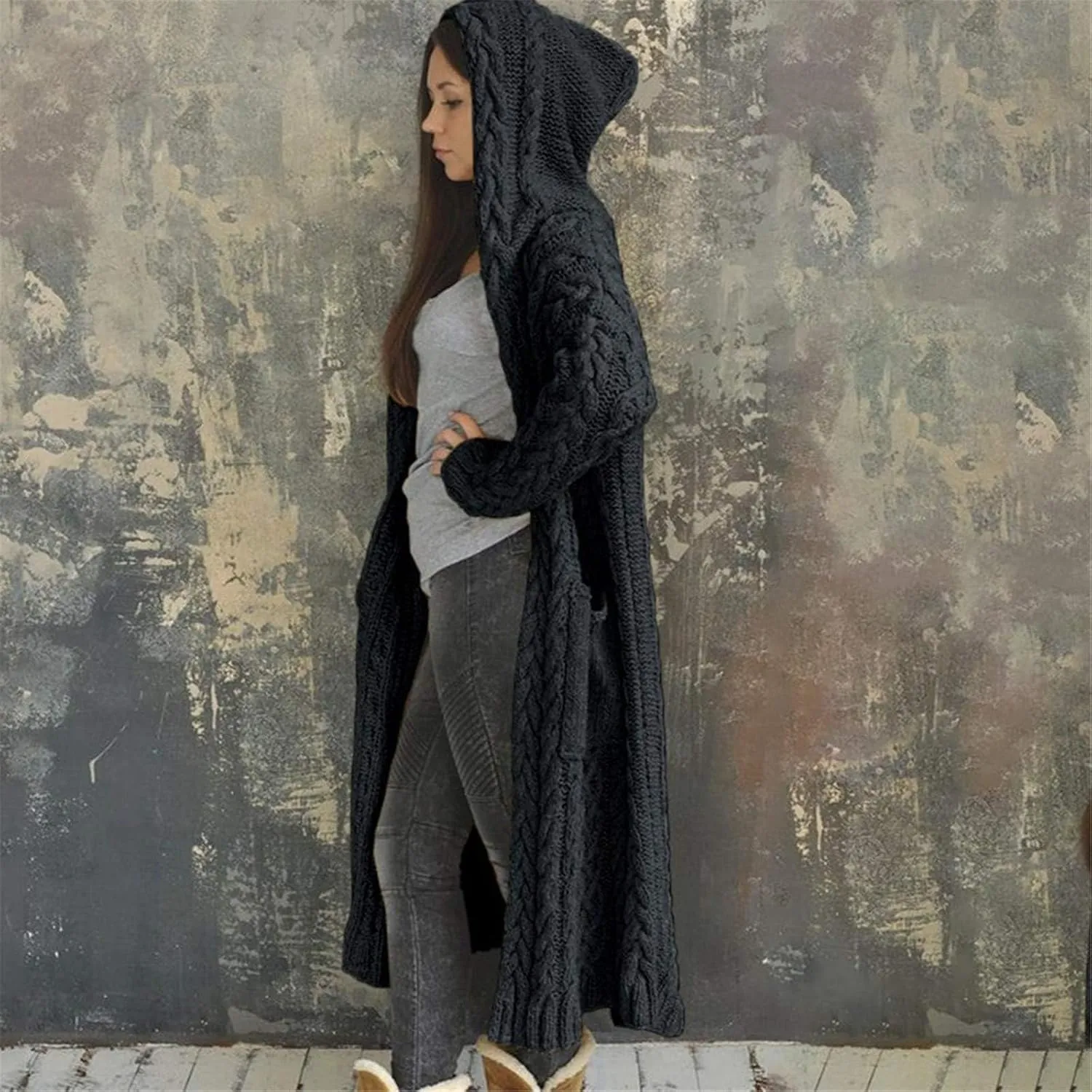 SACFOF Women's Long Sleeve Cable Knit Cardigan Sweaters 2023 Open Front Long Cardigans Coats Hoodies Outerwear with Pockets