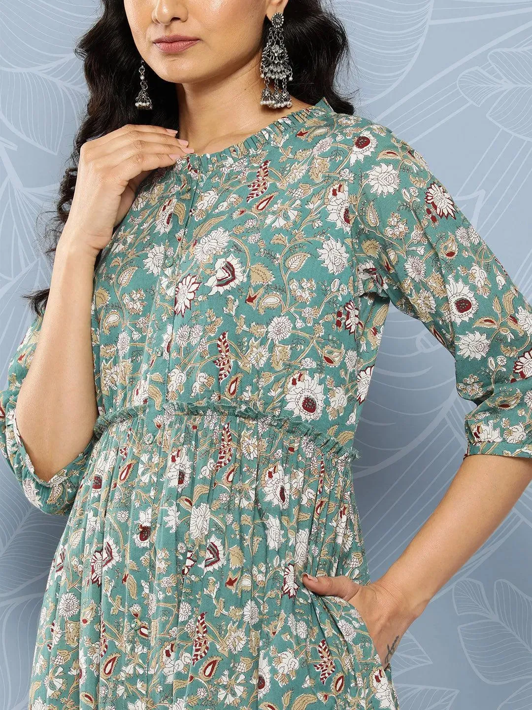 Sea Green Printed Cotton Fit and Flare Dress