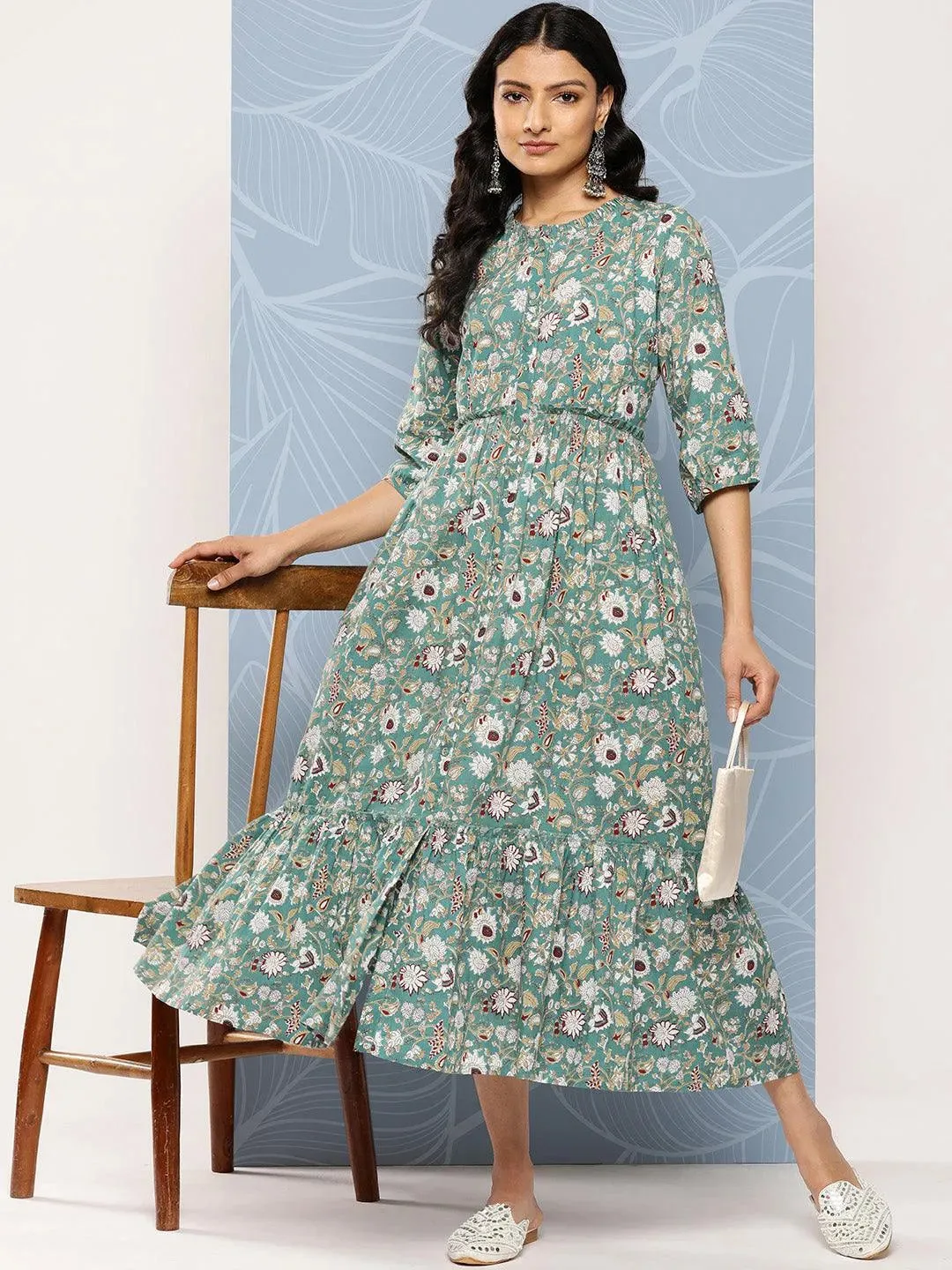 Sea Green Printed Cotton Fit and Flare Dress