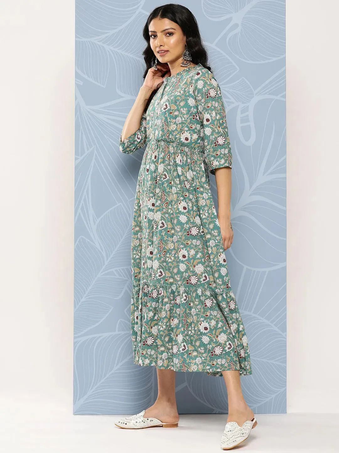 Sea Green Printed Cotton Fit and Flare Dress