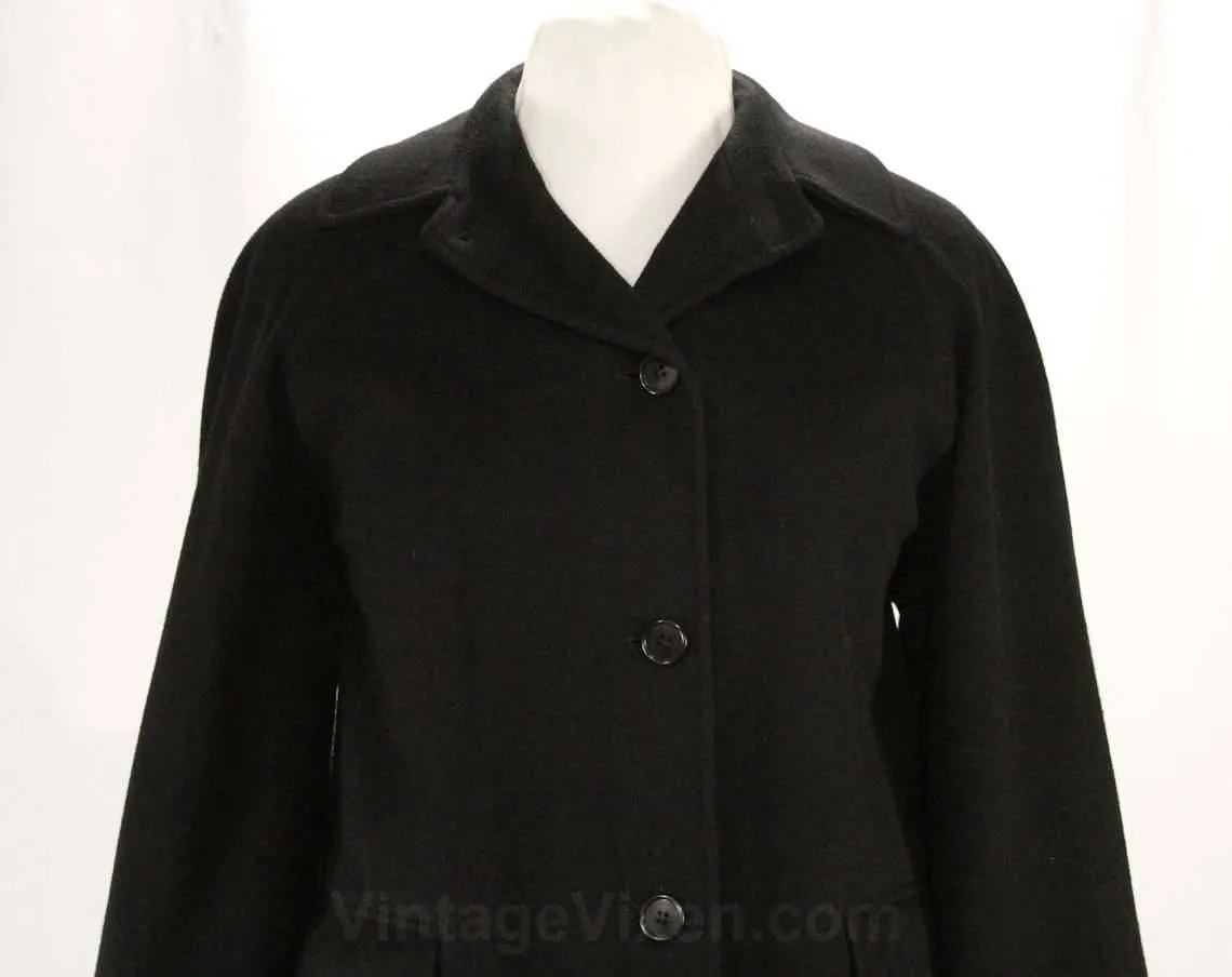 Size 12 Black Coat - 80s Calvin Klein - 1980s Designer Large Merino Wool Coat - Soft as Cashmere - Chic Fall & Winter Overcoat - Bust 41.5