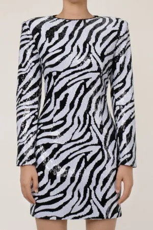 Sparkly Sequin Zebra Pattern Padded Long Sleeve Bodycon Party Mini Dress