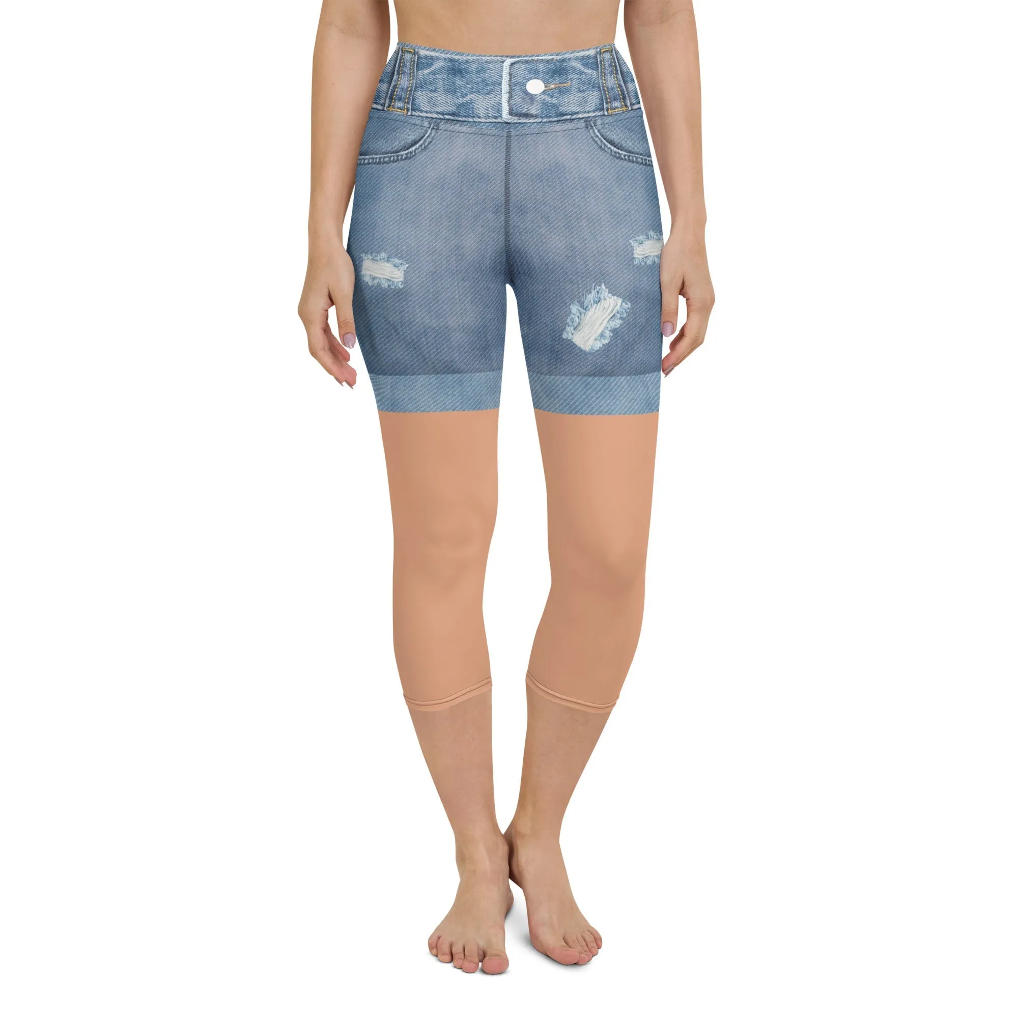 Tan Tone Denim Shorts Print Yoga Capris