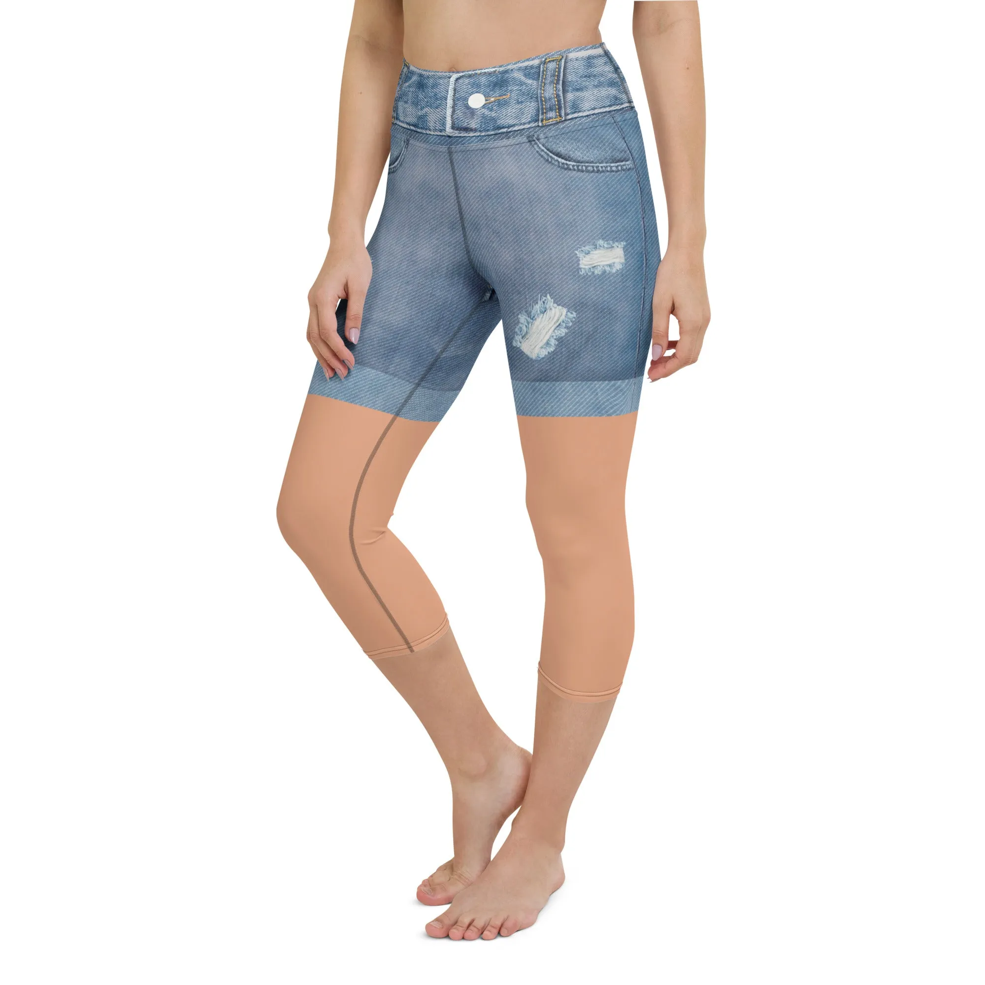 Tan Tone Denim Shorts Print Yoga Capris