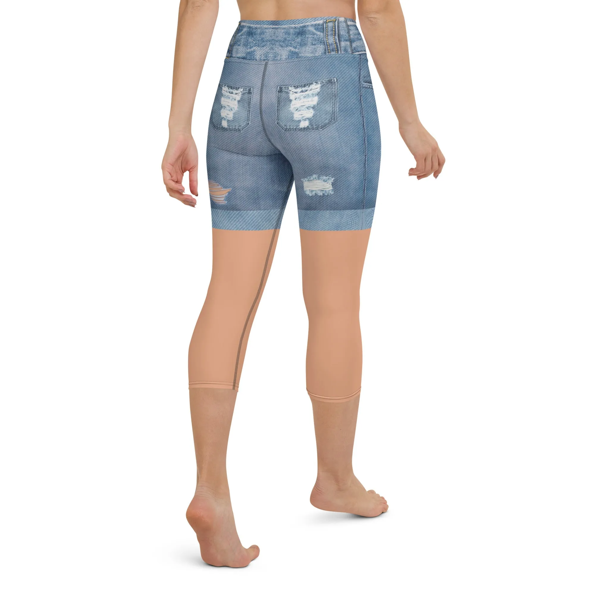 Tan Tone Denim Shorts Print Yoga Capris