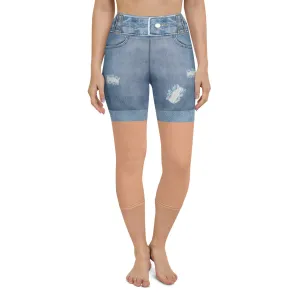 Tan Tone Denim Shorts Print Yoga Capris