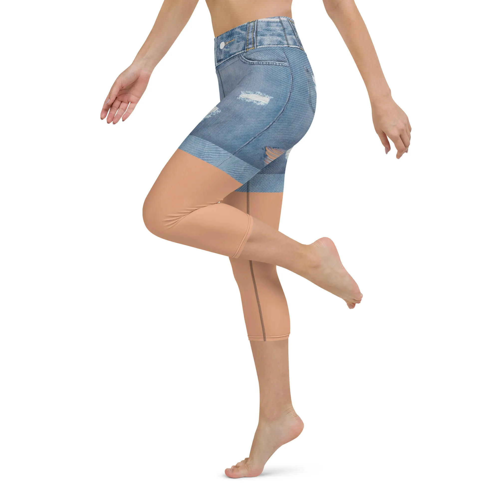Tan Tone Denim Shorts Print Yoga Capris