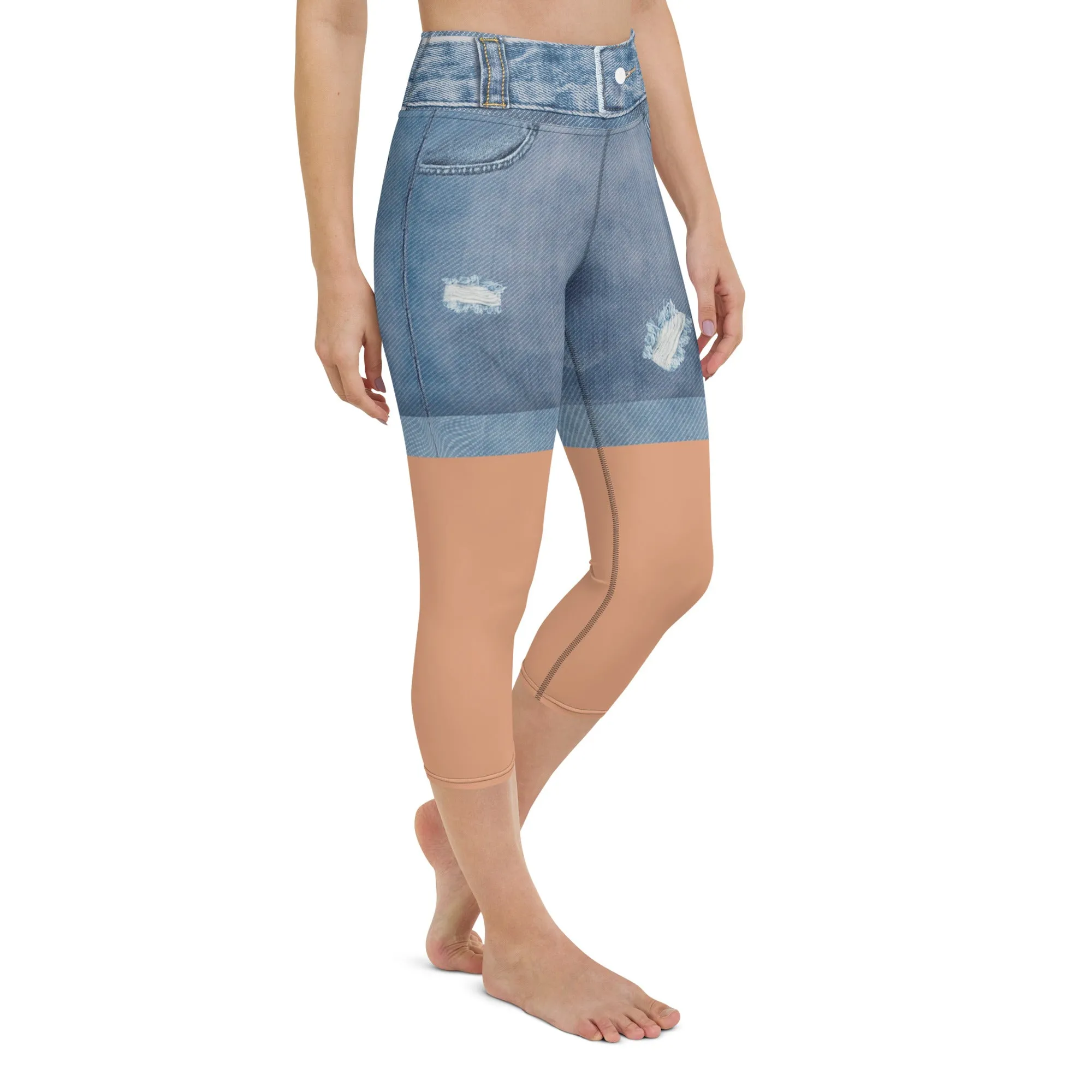 Tan Tone Denim Shorts Print Yoga Capris