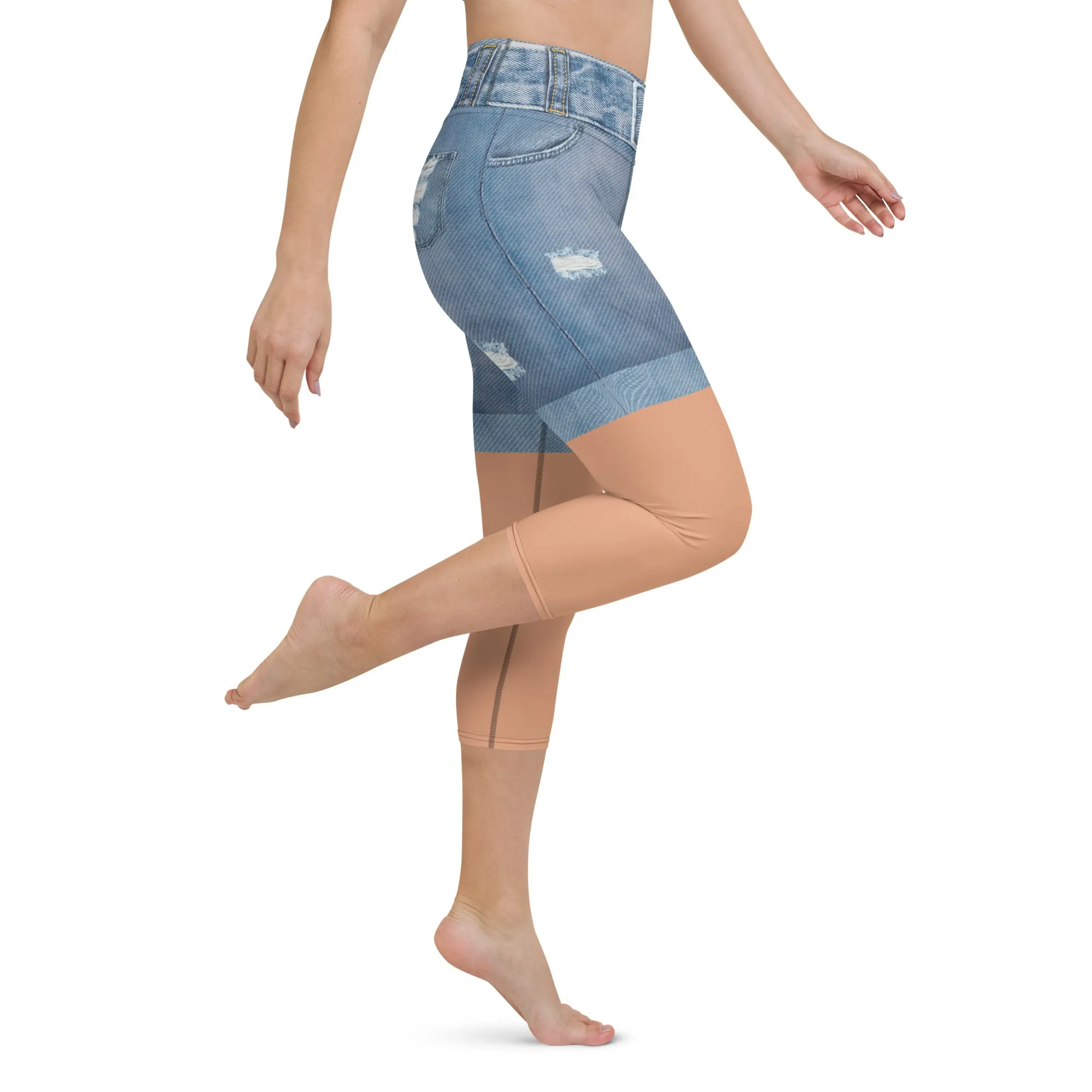 Tan Tone Denim Shorts Print Yoga Capris