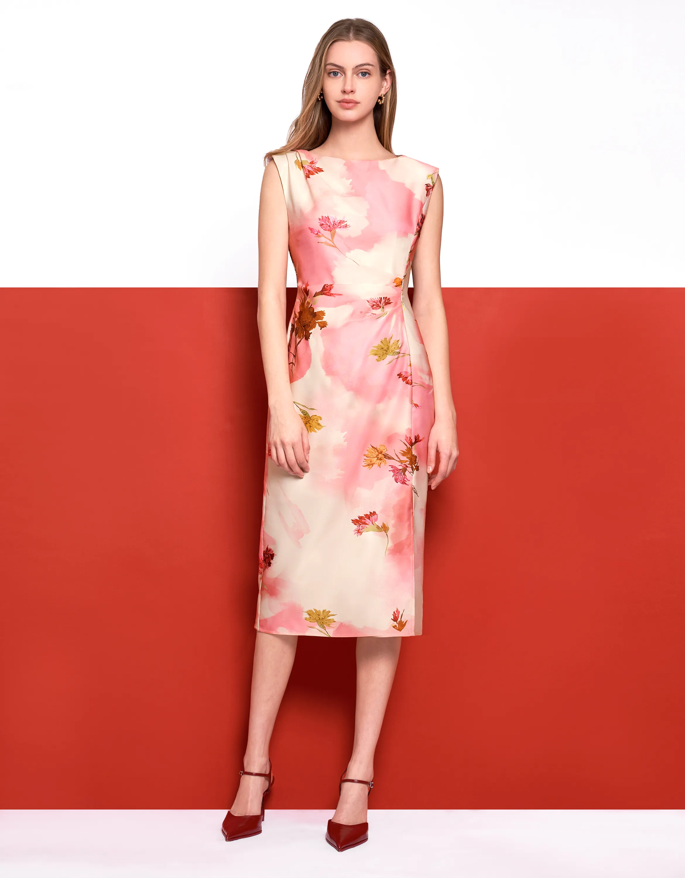 Wide Shoulder Floral Print Midi Dress