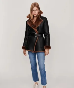Winter Black Leather Faux Shearling Coat