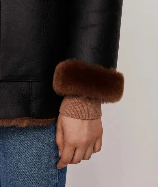 Winter Black Leather Faux Shearling Coat