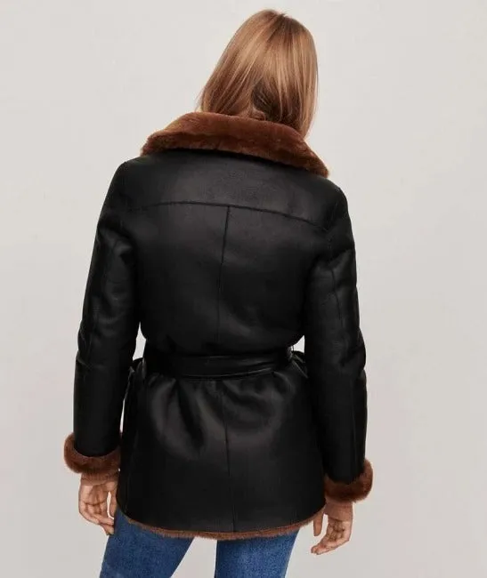 Winter Black Leather Faux Shearling Coat