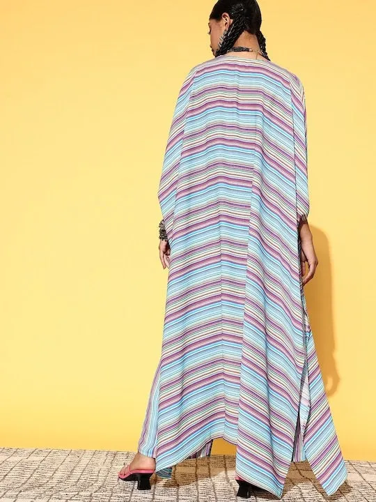 Women Striped Crop Top With Palazzo Pants And Long Jacket