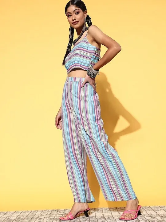 Women Striped Crop Top With Palazzo Pants And Long Jacket
