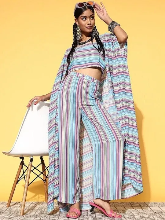 Women Striped Crop Top With Palazzo Pants And Long Jacket
