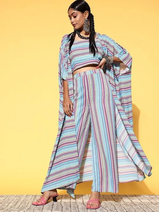 Women Striped Crop Top With Palazzo Pants And Long Jacket