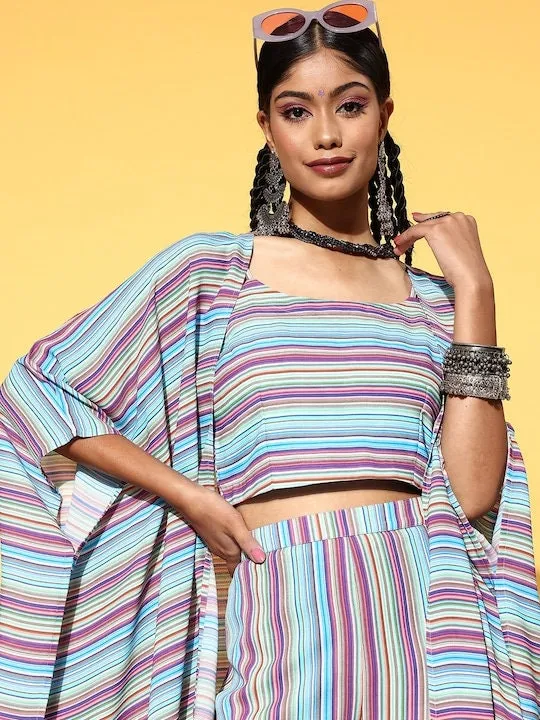 Women Striped Crop Top With Palazzo Pants And Long Jacket