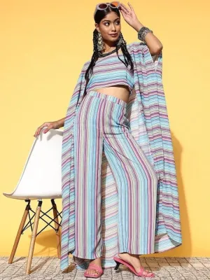 Women Striped Crop Top With Palazzo Pants And Long Jacket