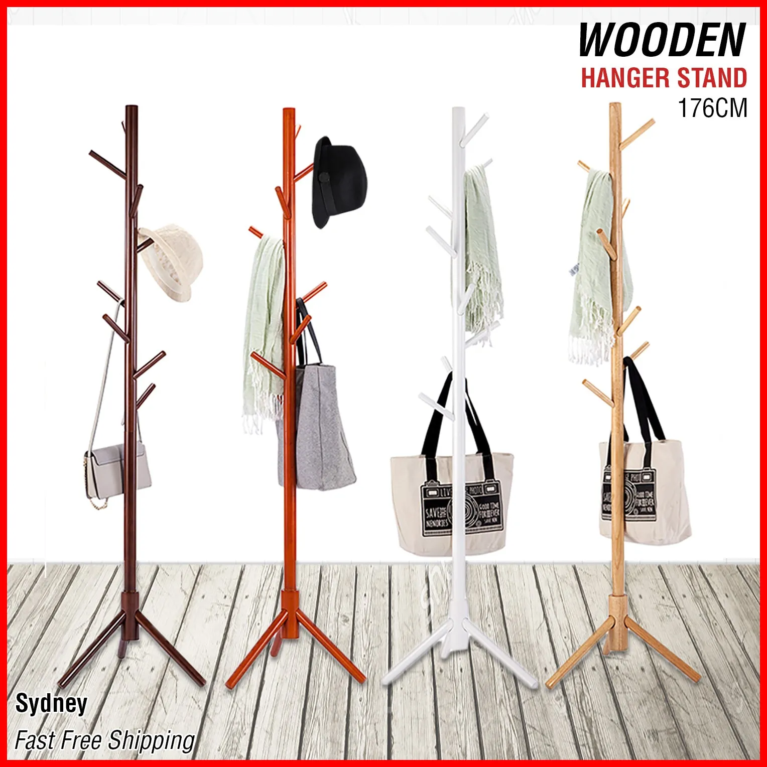 Wooden Coat Stand Rack Clothes Hanger Hat Tree White Jacket Bag Umbrella Hook